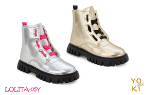 FIRE SALE YOKI LOLITA-05Y Girls Metallic Lace Up Combat Boot