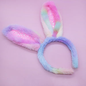 Fuzzy Rainbow Tie Dye Glitter Bunny Ears Easter Headband