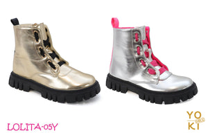 FIRE SALE YOKI LOLITA-05Y Girls Metallic Lace Up Combat Boot