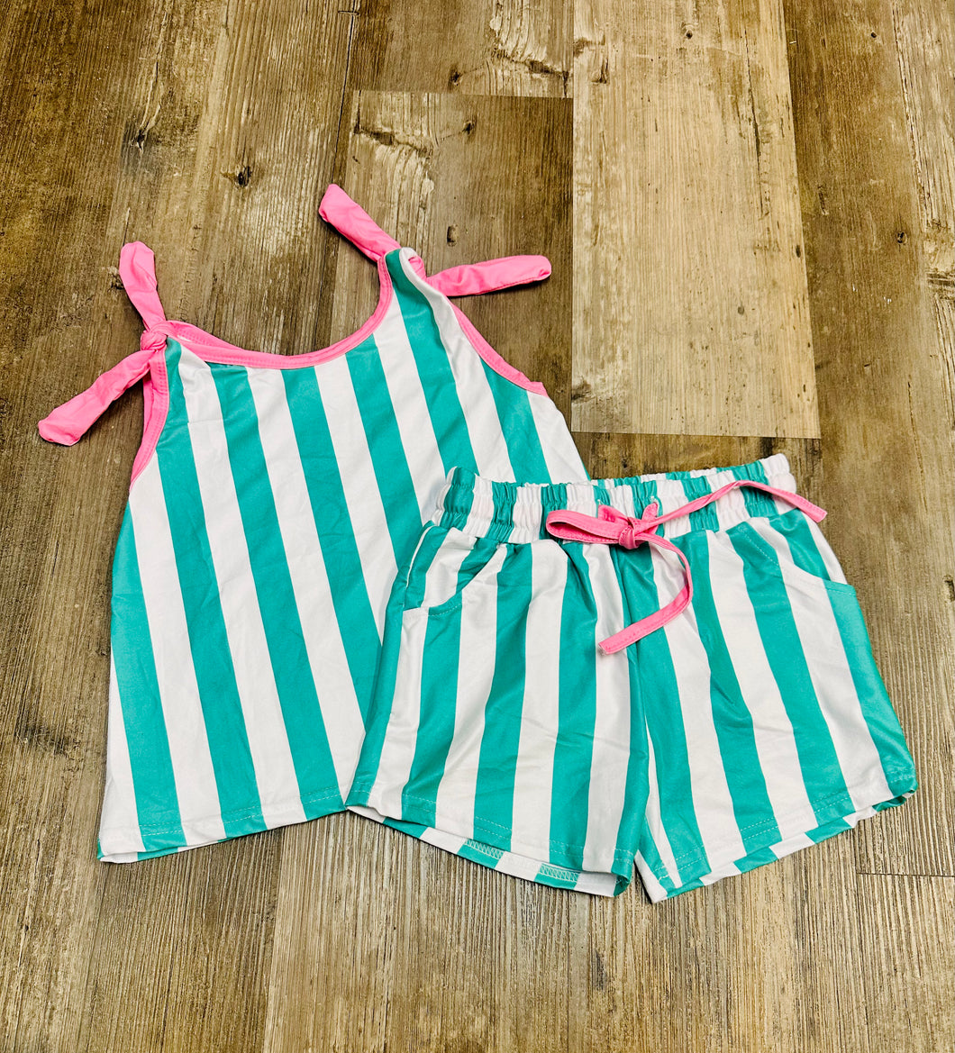 Green And White Stripes Tank/Shorts Set